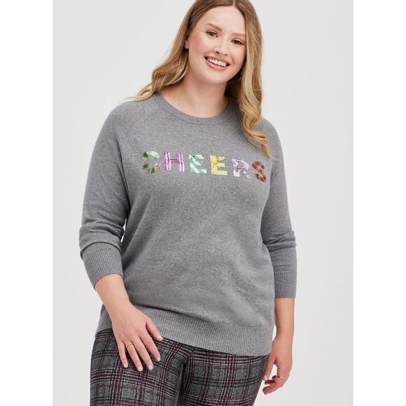 TORRID Cheers Sweater Size 18/20 2X Plus Size CottonPullover Gray Top Sequins - Picture 7 of 15